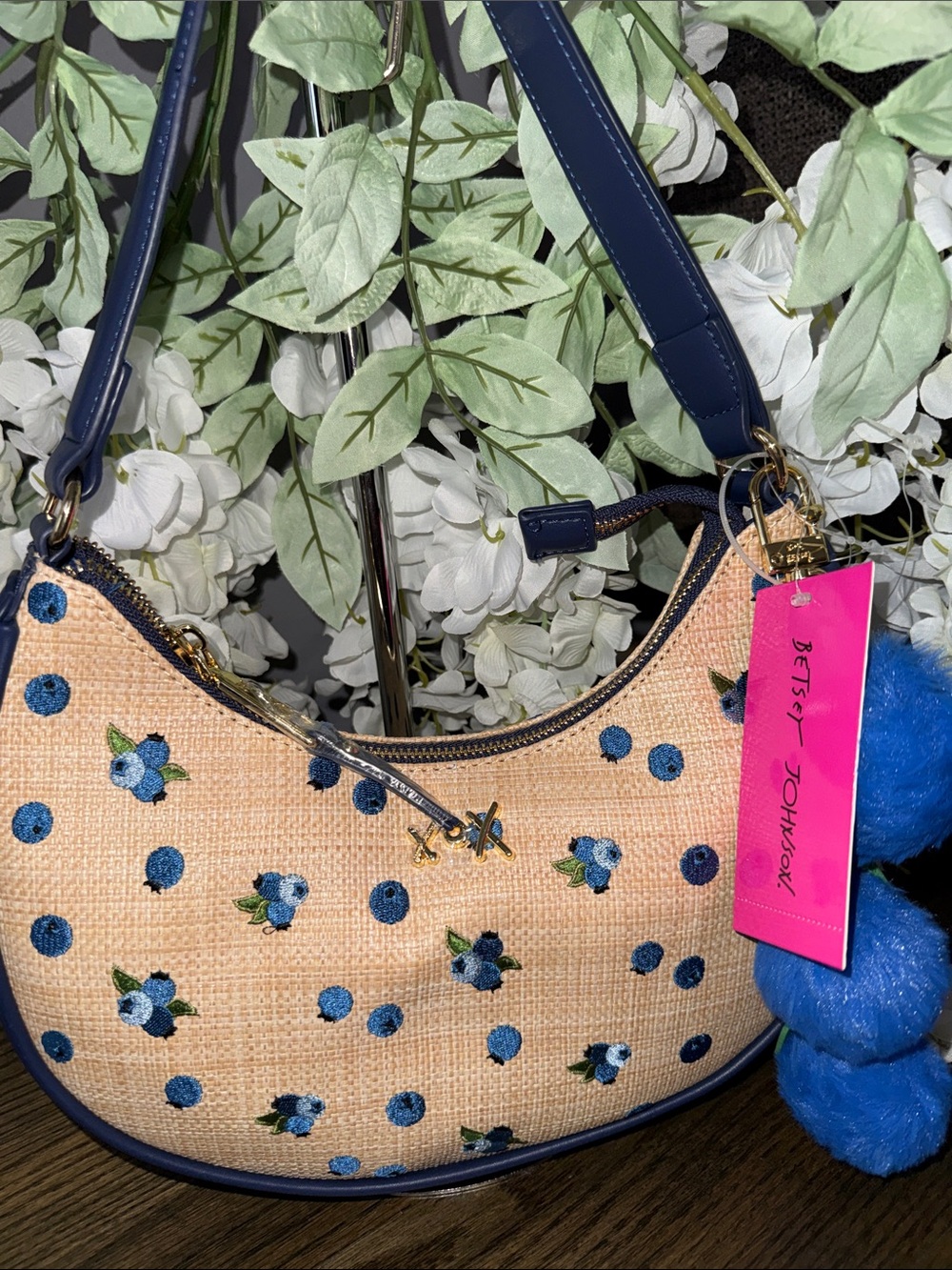 Betsey Johnson Navy Trim Cream Floral Embroidered Shoulder Bag